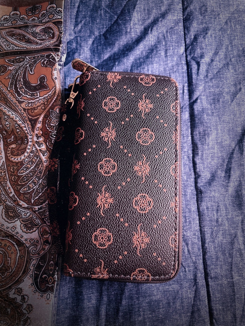Brown Paisley Scarf & Zip Wristlet Wallet 2-Piece Set